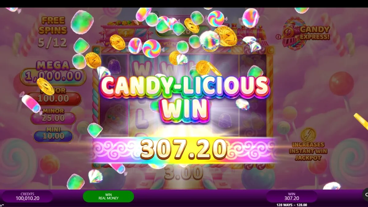 Candy Express Gold Blitz slot game interface featuring candy-themed train and vibrant sweets.