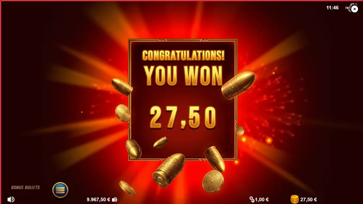 Tampilan visual slot Bonus Bullets dengan tema noir dan revolver emas