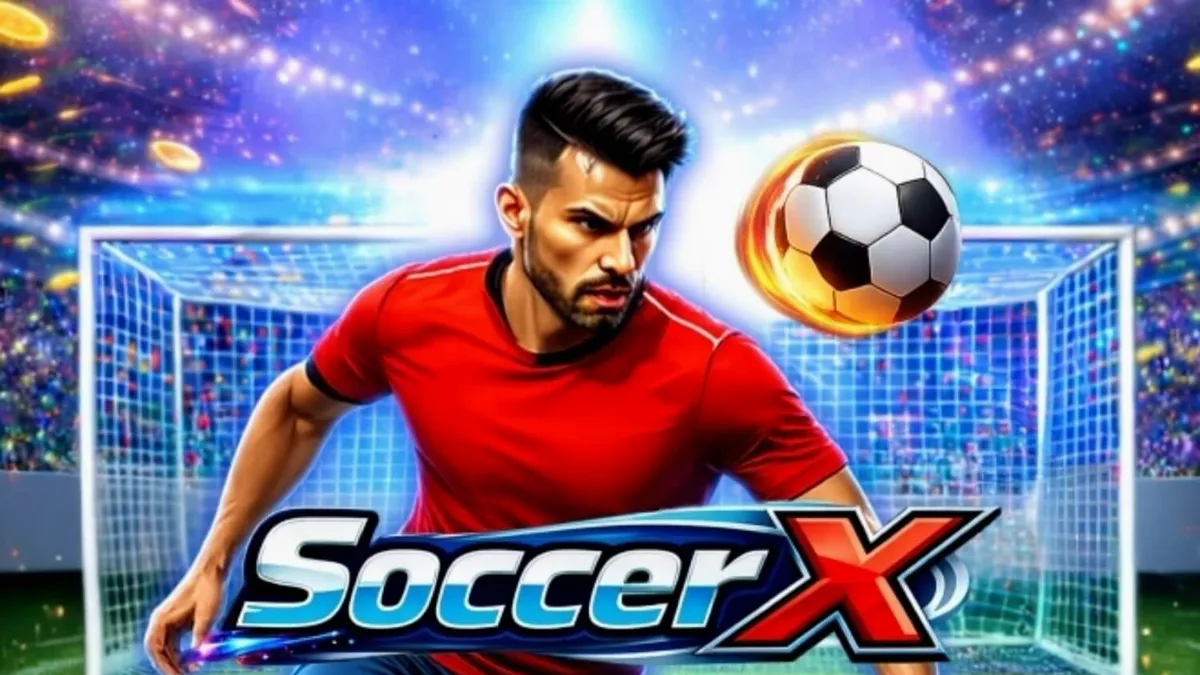 Tampilan antarmuka permainan slot SoccerX dengan tema adu penalti