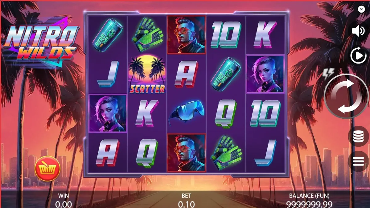 Tampilan visual slot Nitro Wilds dengan tema neon retro dan balap jalanan